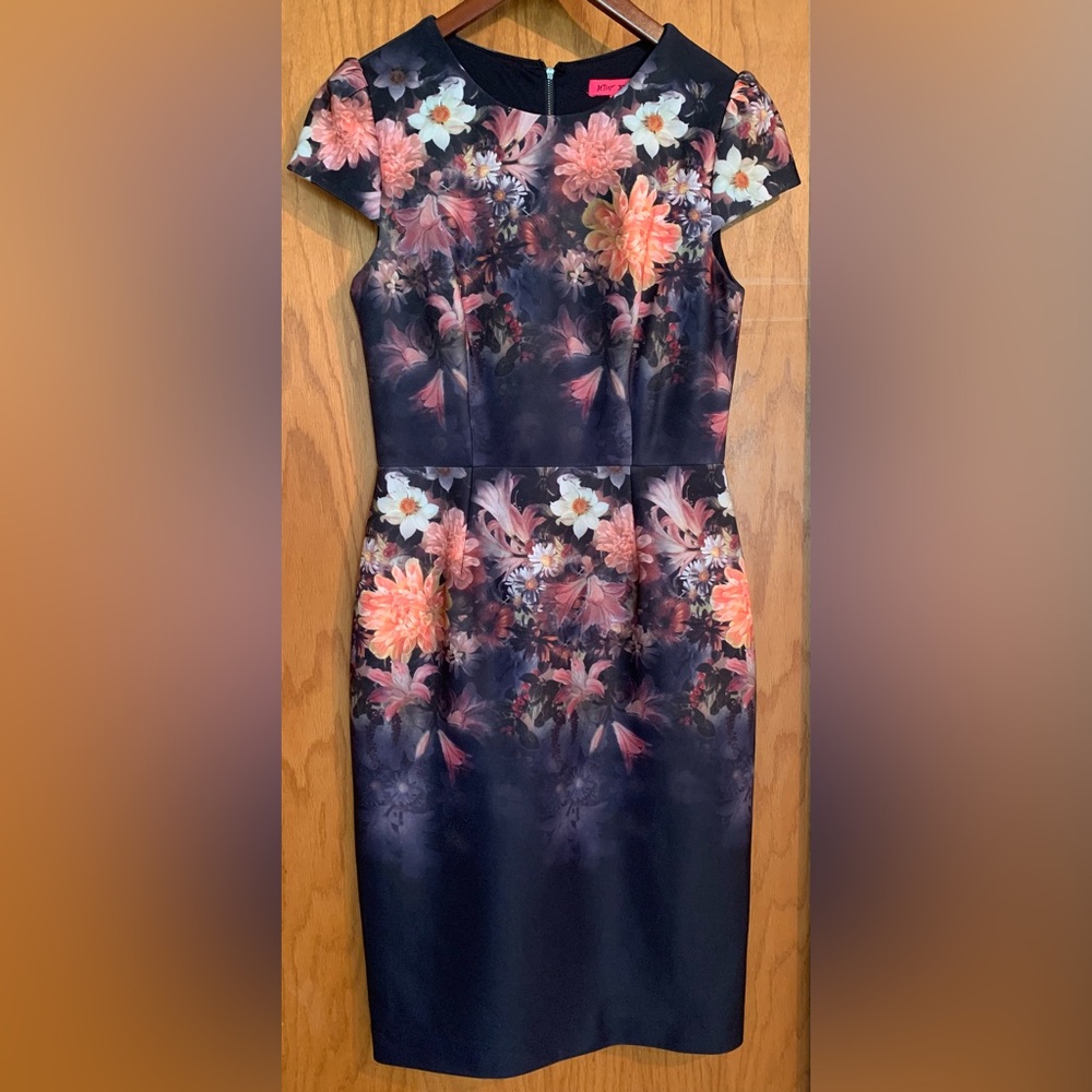 Betsey Johnson Navy Blue and Pink Floral Midi Dress/Silhouette